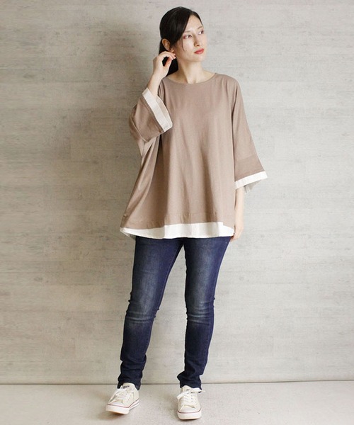 atONE(アットワン)の「atONE ゆるっと異素材レイヤードTシャツ 七分袖(Tシャツ/カットソー・レディース・ブラック/ライトブラウン/カーキ/グレイッシュベージュ・4L~5L/LL~3L/M-L)」の8枚目の写真