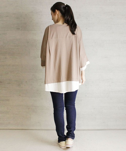 atONE(アットワン)の「atONE ゆるっと異素材レイヤードTシャツ 七分袖(Tシャツ/カットソー・レディース・ブラック/ライトブラウン/カーキ/グレイッシュベージュ・4L~5L/LL~3L/M-L)」の10枚目の写真