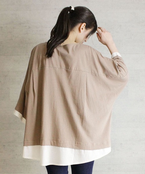 atONE(アットワン)の「atONE ゆるっと異素材レイヤードTシャツ 七分袖(Tシャツ/カットソー・レディース・ブラック/ライトブラウン/カーキ/グレイッシュベージュ・4L~5L/LL~3L/M-L)」の7枚目の写真