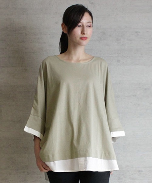 atONE(アットワン)の「atONE ゆるっと異素材レイヤードTシャツ 七分袖(Tシャツ/カットソー・レディース・ブラック/ライトブラウン/カーキ/グレイッシュベージュ・4L~5L/LL~3L/M-L)」の13枚目の写真