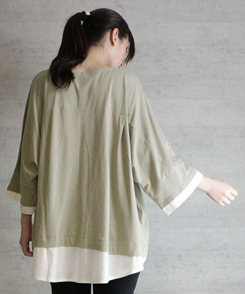 atONE(アットワン)の「atONE ゆるっと異素材レイヤードTシャツ 七分袖(Tシャツ/カットソー・レディース・ブラック/ライトブラウン/カーキ/グレイッシュベージュ・4L~5L/LL~3L/M-L)」の14枚目の写真