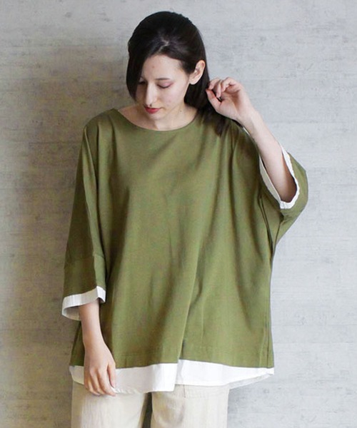 atONE(アットワン)の「atONE ゆるっと異素材レイヤードTシャツ 七分袖(Tシャツ/カットソー・レディース・ブラック/ライトブラウン/カーキ/グレイッシュベージュ・4L~5L/LL~3L/M-L)」の18枚目の写真