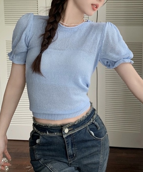 LYEON(リヨン)の「パフスリーブシアーニット(ニット/セーター・レディース・ブルー/ホワイト・FREE)」の2枚目の写真