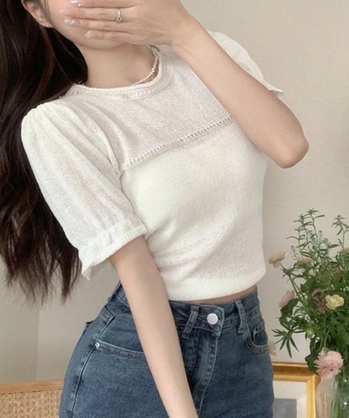 LYEON(リヨン)の「パフスリーブシアーニット(ニット/セーター・レディース・ブルー/ホワイト・FREE)」の8枚目の写真