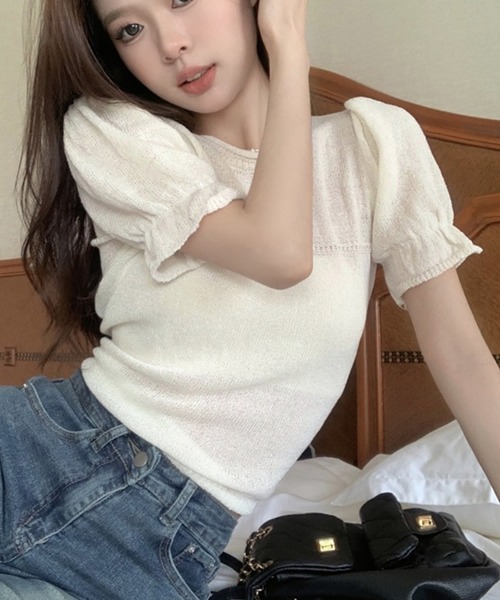 LYEON(リヨン)の「パフスリーブシアーニット(ニット/セーター・レディース・ブルー/ホワイト・FREE)」の12枚目の写真