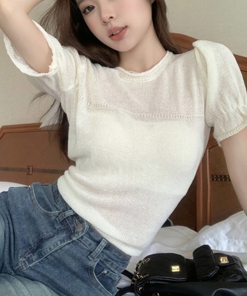 LYEON(リヨン)の「パフスリーブシアーニット(ニット/セーター・レディース・ブルー/ホワイト・FREE)」の10枚目の写真