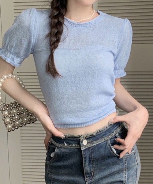 LYEON(リヨン)の「パフスリーブシアーニット(ニット/セーター・レディース・ブルー/ホワイト・FREE)」の6枚目の写真