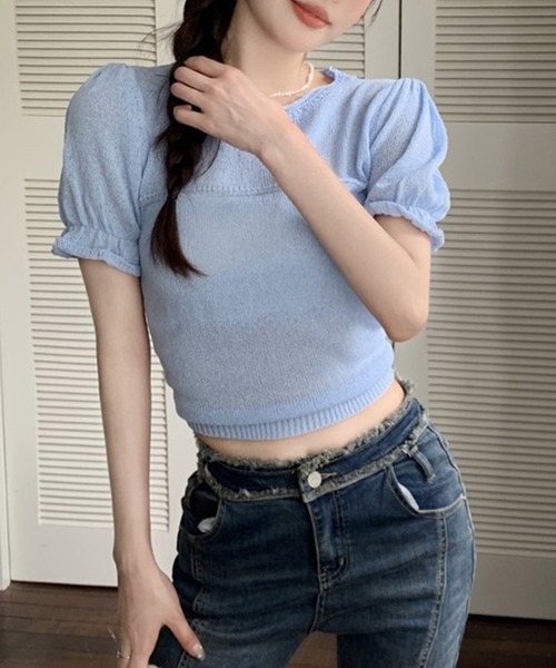LYEON(リヨン)の「パフスリーブシアーニット(ニット/セーター・レディース・ブルー/ホワイト・FREE)」の4枚目の写真