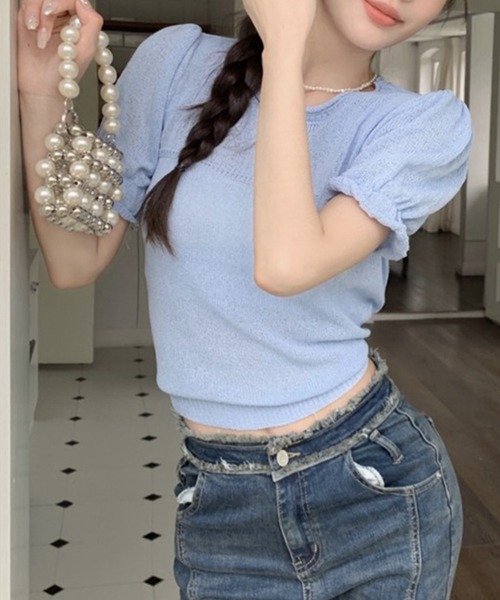 LYEON(リヨン)の「パフスリーブシアーニット(ニット/セーター・レディース・ブルー/ホワイト・FREE)」の9枚目の写真