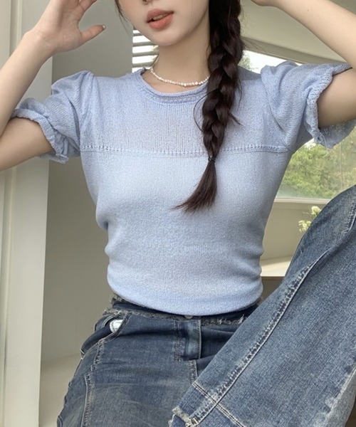 LYEON(リヨン)の「パフスリーブシアーニット(ニット/セーター・レディース・ブルー/ホワイト・FREE)」の13枚目の写真