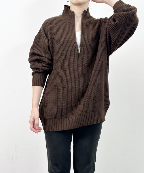 COMMON WARE(コモンウェアー)の「COMMONWARE:畦編みハーフジップニット(ニット/セーター・レディース・ブラック/ライトベージュ/ブラウン/オレンジ/グリーン・XL/M/L)」の3枚目の写真