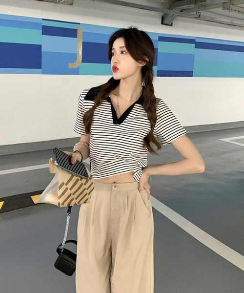 GLAMOROUS JANE(グラマラスジェーン)の「ボーダー配色ポロシャツ(Tシャツ/カットソー・レディース・ブルー/ブラック・FREE)」の7枚目の写真