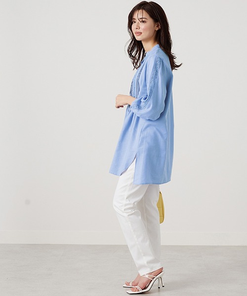 美品⁂センソユニコ⁂ロングシャツ　チュニック　羽織　異素材切替　レース　麻混　M 美品⁂センソユニコ⁂ロングシャツ チュニック 羽織 異素材切替