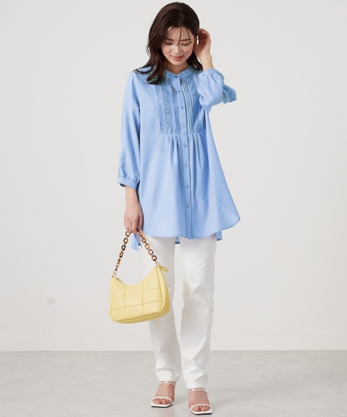 美品⁂センソユニコ⁂ロングシャツ　チュニック　羽織　異素材切替　レース　麻混　M 美品⁂センソユニコ⁂ロングシャツ チュニック 羽織 異素材切替