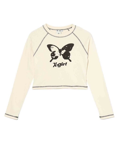 X-girl（エックスガール）の「BUTTERFLY RAGLAN L/S BABY TEE（Tシャツ/カットソー・レディース・オフホワイト/ブラック/ブラウン・M/S）」の2枚目の写真