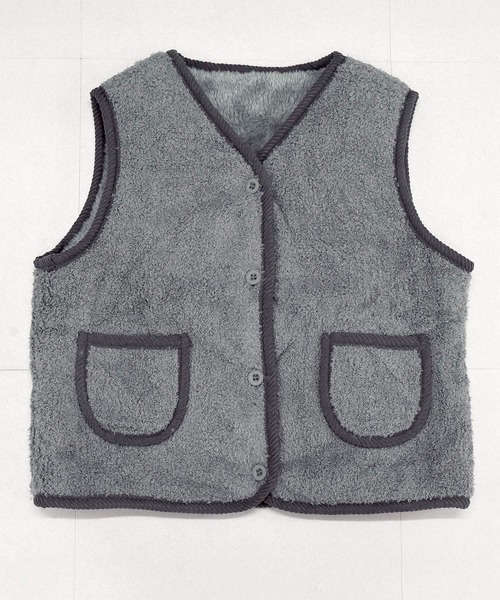 ❤ポケット付き❤dopタンバリン&ラビットボアベスト【grey✕pink】 セール】キッズ シャギーフリーズのパイピングボアベスト（ベスト