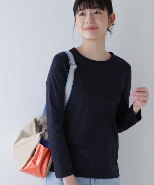 human woman(ヒューマンウーマン)の「◆オーガニック綿天竺長袖Tシャツ(Tシャツ/カットソー・レディース・ネイビー/ホワイト・LARGE/MEDIUM)」の2枚目の写真