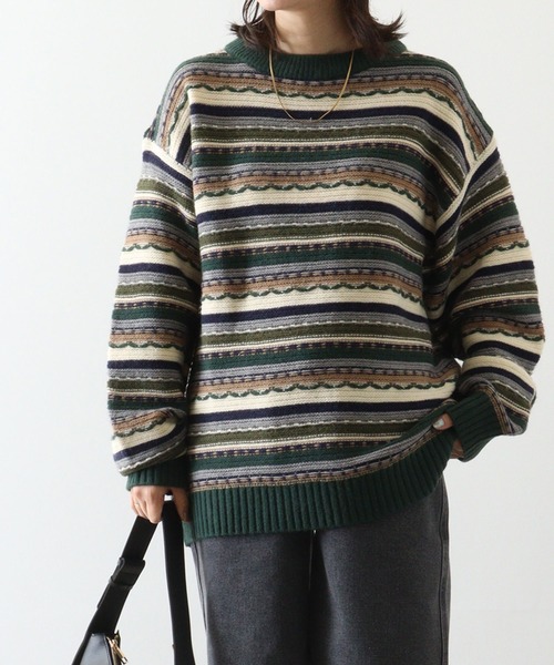 【セール】編み地切替 ルーズサイズ 3Dボーダーニット（ニット/セーター）｜FUNALIVE（ファンアライブ）