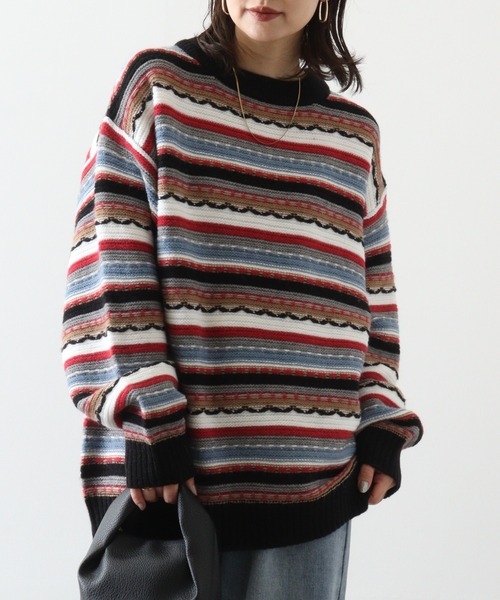 【セール】編み地切替 ルーズサイズ 3Dボーダーニット（ニット/セーター）｜FUNALIVE（ファンアライブ）