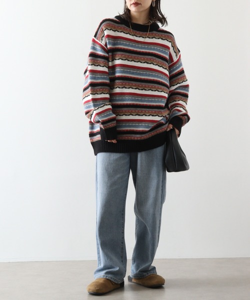 【セール】編み地切替 ルーズサイズ 3Dボーダーニット（ニット/セーター）｜FUNALIVE（ファンアライブ）
