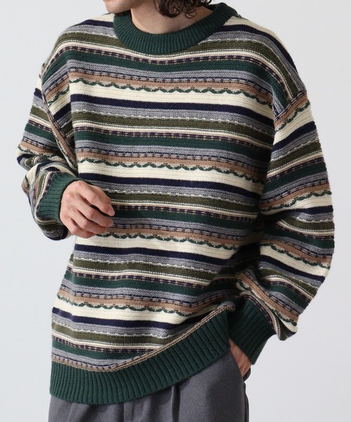 【セール】編み地切替 ルーズサイズ 3Dボーダーニット（ニット/セーター）｜FUNALIVE（ファンアライブ）