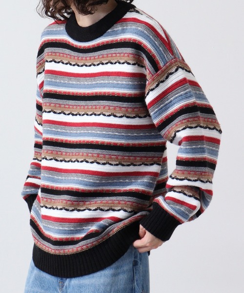 【セール】編み地切替 ルーズサイズ 3Dボーダーニット（ニット/セーター）｜FUNALIVE（ファンアライブ）