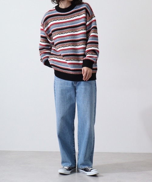 【セール】編み地切替 ルーズサイズ 3Dボーダーニット（ニット/セーター）｜FUNALIVE（ファンアライブ）