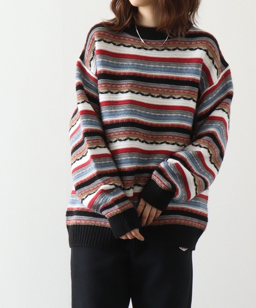 【セール】編み地切替 ルーズサイズ 3Dボーダーニット（ニット/セーター）｜FUNALIVE（ファンアライブ）