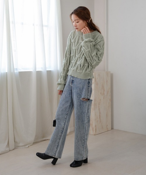 Bab(バブ)の「モヘアライクアニーヴェンニット(ニット/セーター・レディース・グレイッシュベージュ/ミント/オフホワイト・FREE)」の5枚目の写真