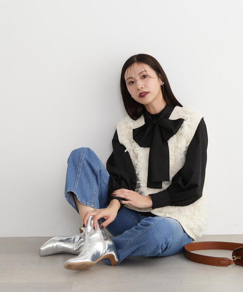 N.（N. Natural Beauty Basic）（エヌエヌナチュラルビューティーベーシック）の「◆リボンタイ付ボリュームブラウス（Tシャツ/カットソー・レディース・オフホワイト/ブルー/ブラック・MEDIUM）」の6枚目の写真
