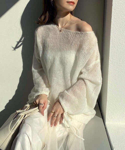 one after another NICE CLAUP(ワンアフターアナザーナイスクラップ)の「モヘアメッシュロングニット(ニット/セーター・レディース・オフホワイト/ライトグレー/ピンク/ブラック・FREE)」の15枚目の写真