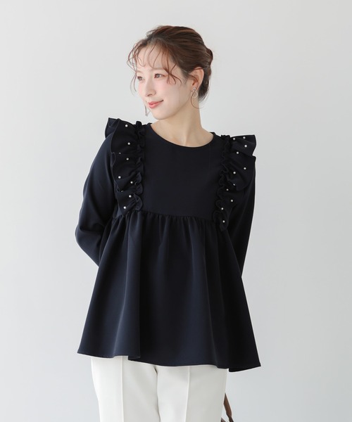 Fit more(フィットモア)の「ショルダーパールフリルペプラムトップス(Tシャツ/カットソー・レディース・Cream/ブラック/ピンク/ネイビー・FREE)」の2枚目の写真