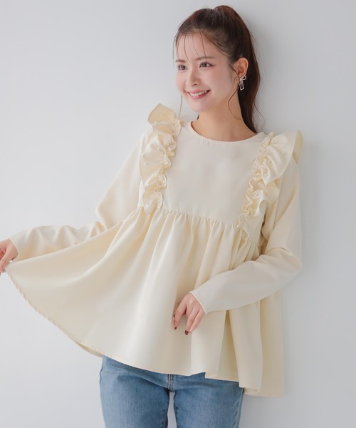 Fit more(フィットモア)の「ショルダーパールフリルペプラムトップス(Tシャツ/カットソー・レディース・Cream/ブラック/ピンク/ネイビー・FREE)」の3枚目の写真