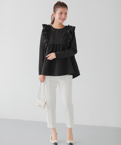 Fit more(フィットモア)の「ショルダーパールフリルペプラムトップス(Tシャツ/カットソー・レディース・Cream/ブラック/ピンク/ネイビー・FREE)」の6枚目の写真