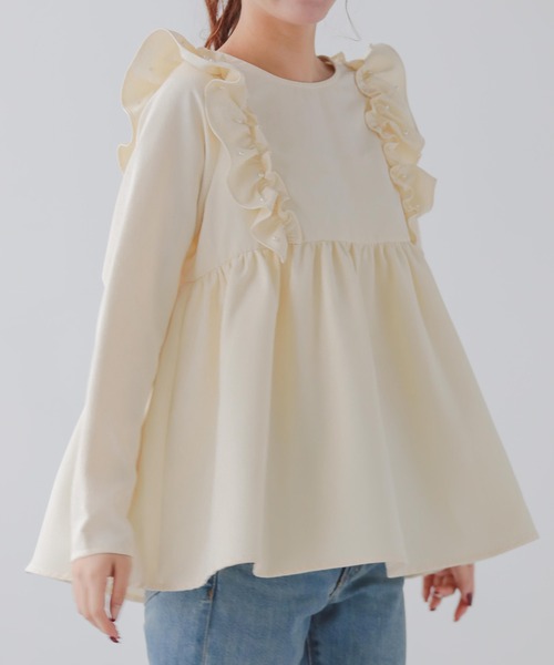 ショルダーパールフリルぺプラムトップス セール】ショルダーパールフリルペプラムトップス（Tシャツ/カットソー