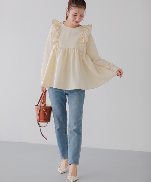 ショルダーパールフリルぺプラムトップス セール】ショルダーパールフリルペプラムトップス（Tシャツ/カットソー