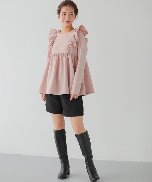 ショルダーパールフリルぺプラムトップス セール】ショルダーパールフリルペプラムトップス（Tシャツ/カットソー