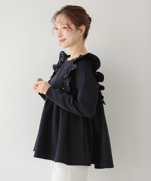 ショルダーパールフリルぺプラムトップス セール】ショルダーパールフリルペプラムトップス（Tシャツ/カットソー