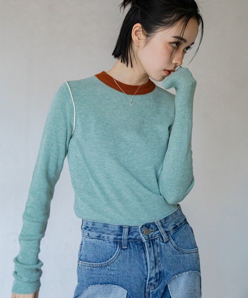 VACANCY（ヴァカンシー）の「配色切替パイピングニット（ニット/セーター・レディース・グリーン/ネイビー/アイボリー・FREE）」の18枚目の写真