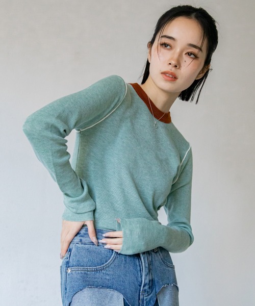 VACANCY（ヴァカンシー）の「配色切替パイピングニット（ニット/セーター・レディース・グリーン/ネイビー/アイボリー・FREE）」の15枚目の写真