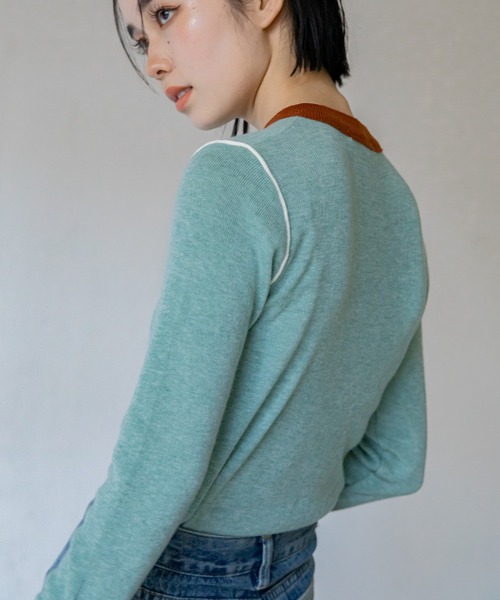 VACANCY（ヴァカンシー）の「配色切替パイピングニット（ニット/セーター・レディース・グリーン/ネイビー/アイボリー・FREE）」の21枚目の写真