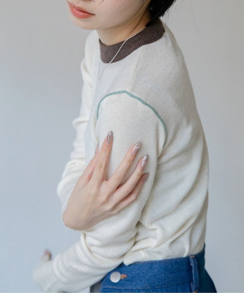 VACANCY（ヴァカンシー）の「配色切替パイピングニット（ニット/セーター・レディース・グリーン/ネイビー/アイボリー・FREE）」の5枚目の写真