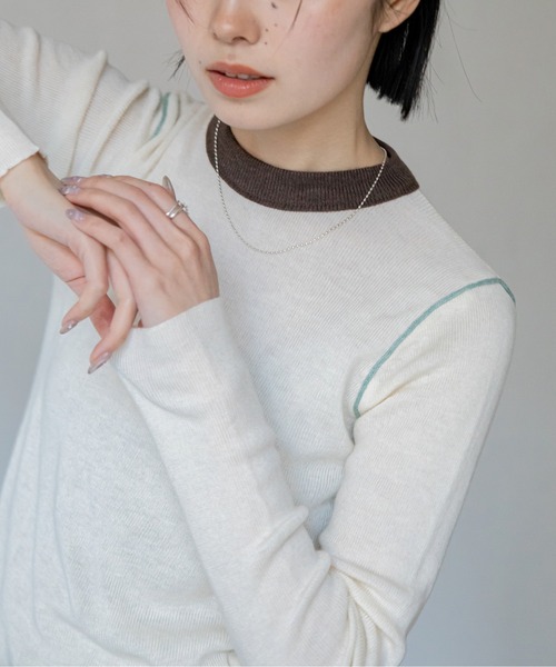 VACANCY（ヴァカンシー）の「配色切替パイピングニット（ニット/セーター・レディース・グリーン/ネイビー/アイボリー・FREE）」の7枚目の写真
