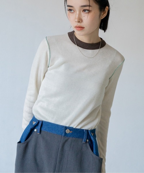 VACANCY（ヴァカンシー）の「配色切替パイピングニット（ニット/セーター・レディース・グリーン/ネイビー/アイボリー・FREE）」の4枚目の写真