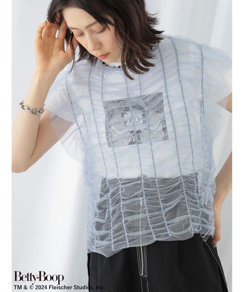 Ray BEAMS（レイビームス）の「シャーリング チュール フレンチスリーブ Tシャツ（Tシャツ/カットソー・レディース・ホワイト/ブルー/ブラック・ONE SIZE）」の3枚目の写真