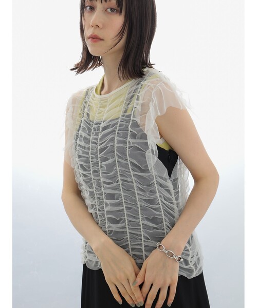 Ray BEAMS（レイビームス）の「シャーリング チュール フレンチスリーブ Tシャツ（Tシャツ/カットソー・レディース・ホワイト/ブルー/ブラック・ONE SIZE）」の9枚目の写真