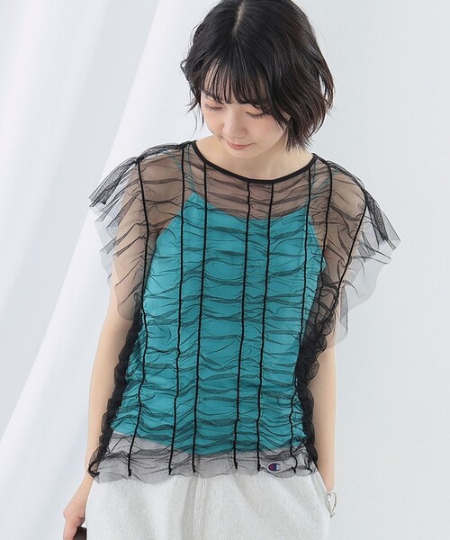 Ray BEAMS（レイビームス）の「シャーリング チュール フレンチスリーブ Tシャツ（Tシャツ/カットソー・レディース・ホワイト/ブルー/ブラック・ONE SIZE）」の22枚目の写真