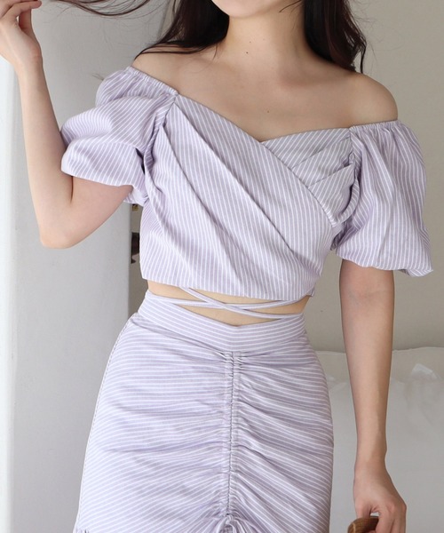 ROYAL PARTY（ロイヤルパーティー）の「ウエストクロスタックカシュクールトップス（シャツ/ブラウス・レディース・ベージュ/パープル/オフホワイト・FREE）」の3枚目の写真