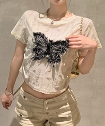 バタフライOR刺繍ロゴ/　サイドシャーリング　パッチワークデザイン/ダメージ風ショート丈トップス