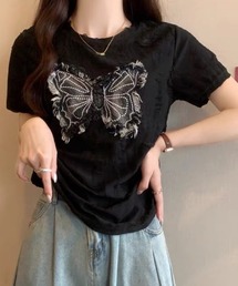 バタフライOR刺繍ロゴ/ サイドシャーリング パッチワークデザイン/ダメージ風ショート丈トップス